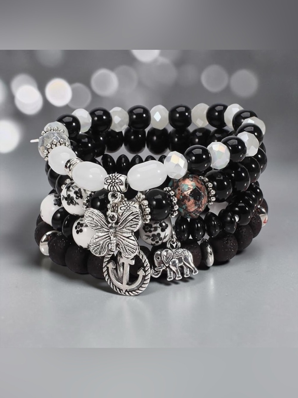 🖤4-PC Black & White Boho Beaded Charm Bracelet Set w/Silver-Tone Charms/NWT🖤